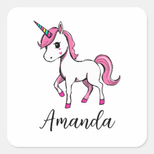 Schattigee Roze Eenhoorn Cartoon Naam Vierkante Sticker