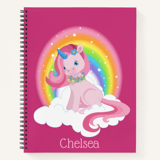 Schattigee roze eenhoorn en regenboog gepersonalis notitieboek (Voorkant)