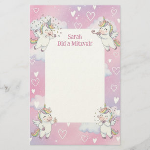 Schattigee Roze Eenhoorn Gepersonaliseerde Mitswa  Briefpapier