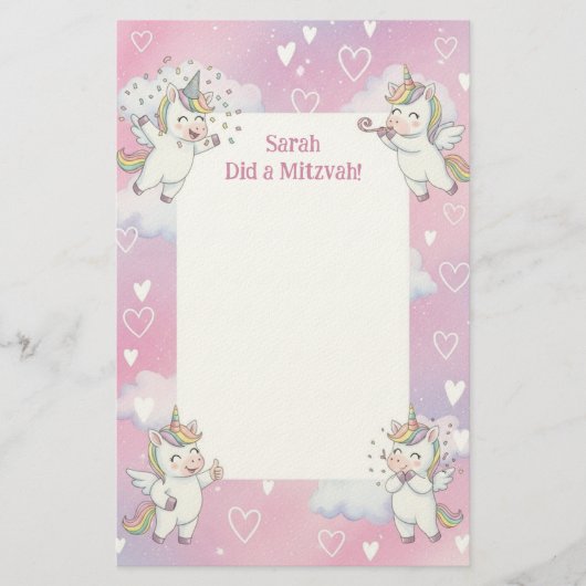 Schattigee Roze Eenhoorn Gepersonaliseerde Mitswa  Briefpapier (Voorkant)