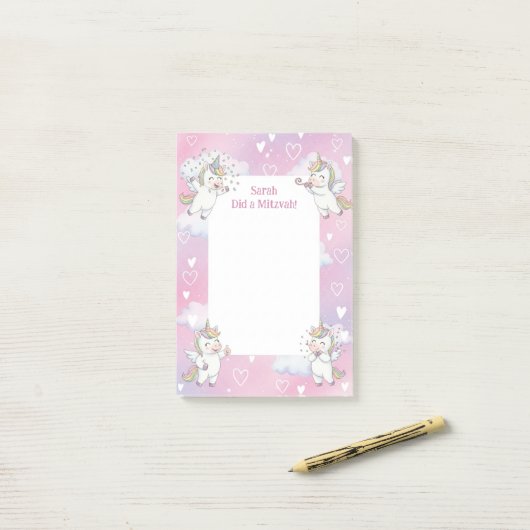 Schattigee Roze Eenhoorn Gepersonaliseerde Mitswa Post-it® Notes (Op bureau)