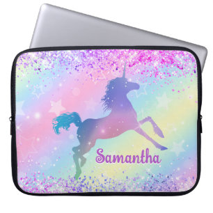Schattigee roze eenhoorn Glitter regenboog kunst m Laptop Sleeve