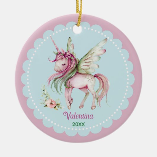 Schattigee roze eenhoorn meisje vakantie keepsake keramisch ornament (Voorkant)