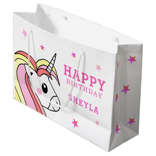Schattigee Roze Eenhoorn Sterren Meisje Verjaardag Groot Cadeauzakje (Voorkant Gekanteld)