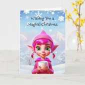 Schattigee Roze Elf met Koffie of Cacao Kerst Kaart (Gele Bloem)