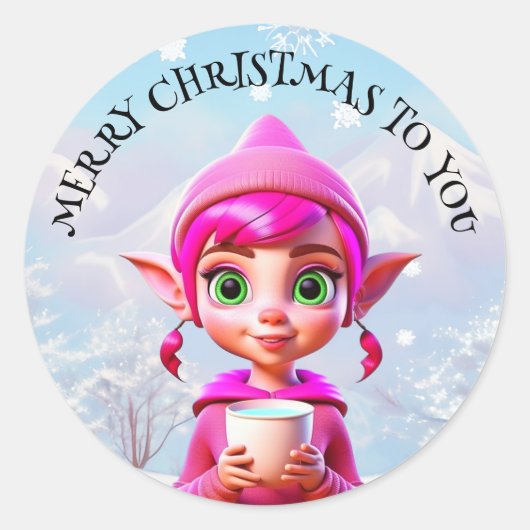 Schattigee Roze Elf met Koffie of Cacao Kerst Ronde Sticker (Voorkant)