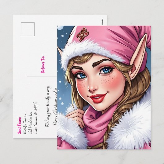 Schattigee Roze Elf | Vrolijk kerstfeest gepersona Feestdagenkaart (Voorkant / Achterkant)