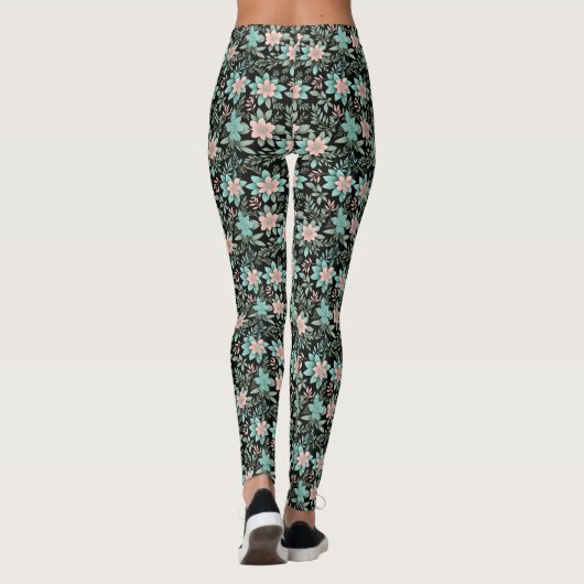 Schattigee roze en aqua bloemen leggings (Achterkant)