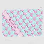 Schattigee roze en blauwgroen golfkar gepersonalis golfhanddoek (Horizontaal)