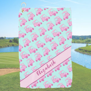 Schattigee roze en blauwgroen golfkar gepersonalis golfhanddoek
