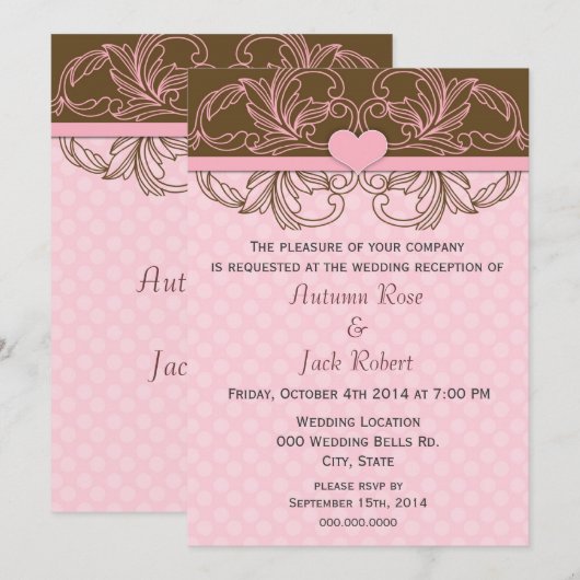 Schattigee roze en bruine bruiloft receptie kaart (Voorkant / Achterkant)