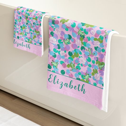 Schattigee roze en groene kikkers Custom Name Girl Bad Handdoek