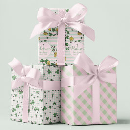 Schattigee roze en groene klavers Iers Baby shower Inpakpapier Vel