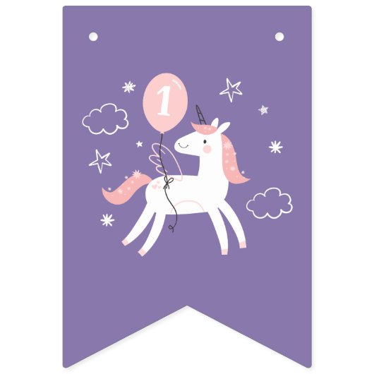 Schattigee Roze en Paarse Eenhoorn Happy Birthday Vlaggetjes (Eerste vlag)