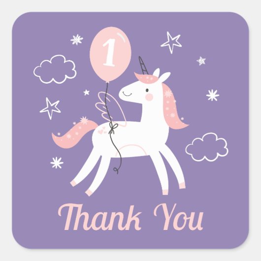 Schattigee Roze en Paarse Eenhoorn Verjaardag Beda Vierkante Sticker (Voorkant)