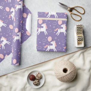 Schattigee roze en Paarse eenhoorn verjaardag Cadeaupapier