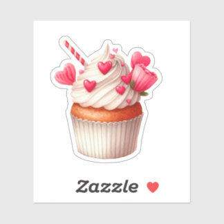 Schattigee roze en rode cupcake met hartjes en blo sticker