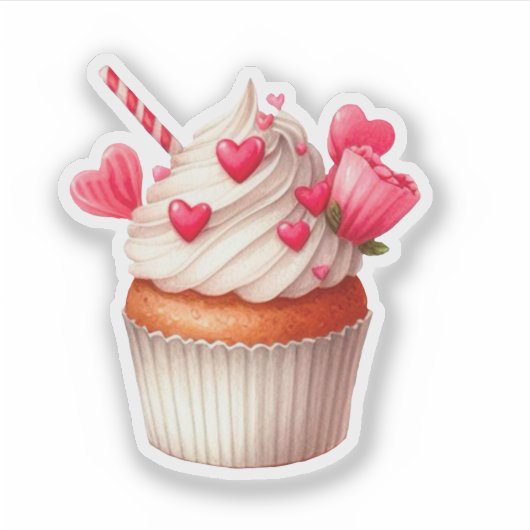 Schattigee roze en rode cupcake met hartjes en blo sticker (Voorkant)