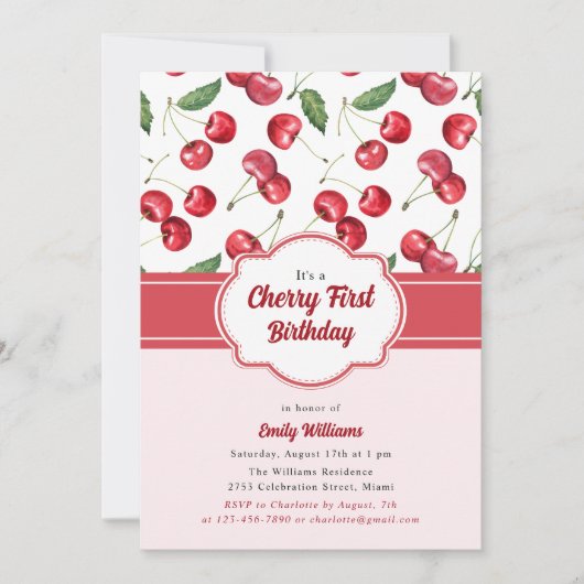 Schattigee roze en rode kers eerste verjaardag kaart (Voorkant)