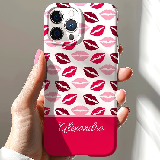 Schattigee roze en rode lippenstift kisses script  Case-Mate iPhone case