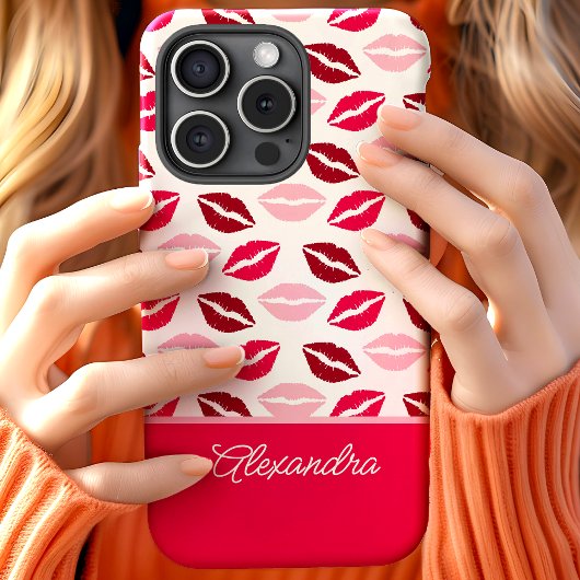 Schattigee roze en rode lippenstift kisses script  Case-Mate iPhone case