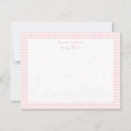 Schattigee roze en witte gingham Baby meisje plat Bedankkaart