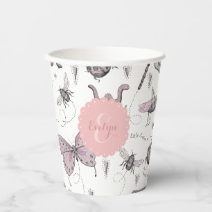 Schattigee roze en witte insecten monogram papieren bekers