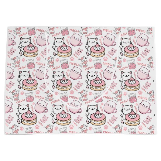 Schattigee Roze en Witte Kat Gift Bag Groot Cadeauzakje (Voorkant)