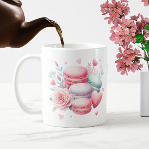 Schattigee roze en witte macaron en harten geperso koffiemok