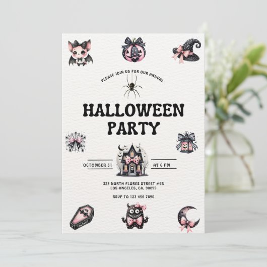 Schattigee Roze en Zwarte Kinder Halloween Party U Kaart (Staand voorkant)