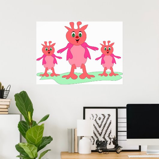 Schattigee roze fantasiewezens grillige aliens poster