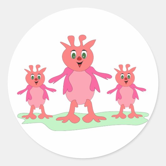 Schattigee roze fantasiewezens grillige aliens ronde sticker (Voorkant)