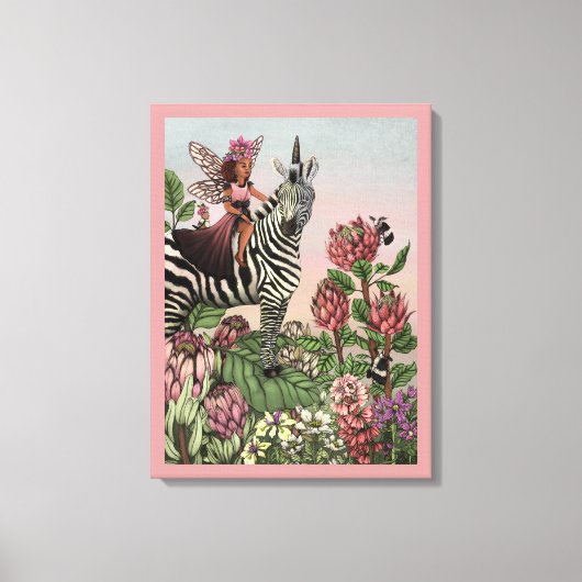 Schattigee Roze Fee op Zebra Eenhoorn Bloemenkunst Canvas Afdruk (Voorkant)