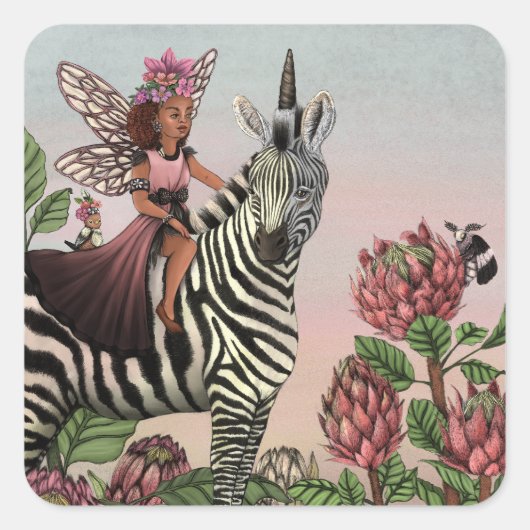 Schattigee Roze Fee op Zebra Eenhoorn Bloemenkunst Vierkante Sticker (Voorkant)