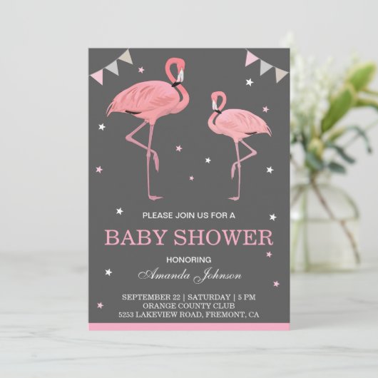 Schattigee roze flamingo Baby shower uitnodiging (Staand voorkant)
