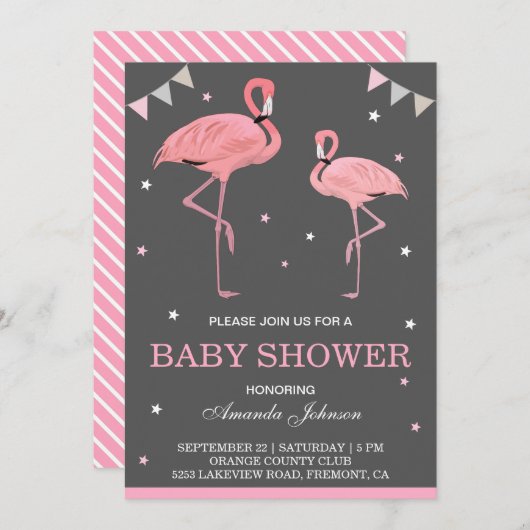Schattigee roze flamingo Baby shower uitnodiging (Voorkant / Achterkant)