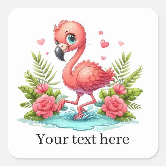 Schattigee roze flamingo bloemen tekst toevoegen vierkante sticker (Voorkant)