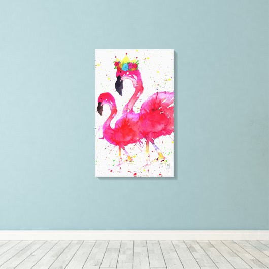 Schattigee roze flamingo met een kroondoek 16 "x26 canvas afdruk (Insitu (Houten vloer))