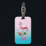 Schattigee roze flamingo op glitterachtergrond bagagelabel<br><div class="desc">Schattigee roze flamingo's waterverf illustratie over glitterroze en blauwe achtergrond.</div>