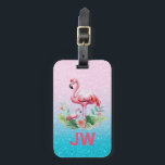 Schattigee roze flamingo op glitterachtergrond bagagelabel<br><div class="desc">Schattigee roze flamingo's waterverf illustratie over glitterroze en blauwe achtergrond.</div>