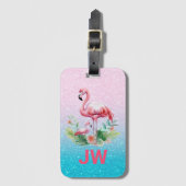 Schattigee roze flamingo op glitterachtergrond bagagelabel (Voorkant (verticaal))