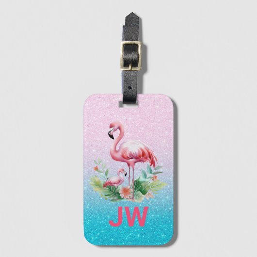 Schattigee roze flamingo op glitterachtergrond bagagelabel (Voorkant (verticaal))