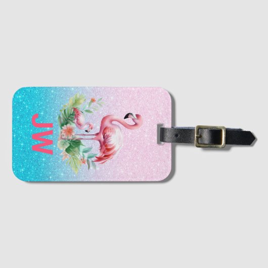 Schattigee roze flamingo op glitterachtergrond bagagelabel (Voorkant (horizontaal))