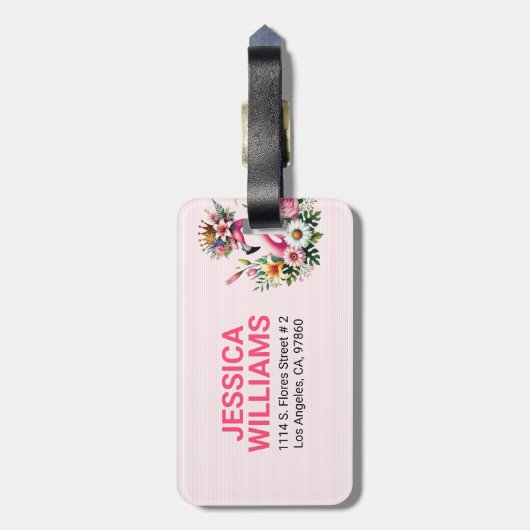 Schattigee Roze Flamingo Spring Tropische Bloemen Bagagelabel (Achterkant verticaal)