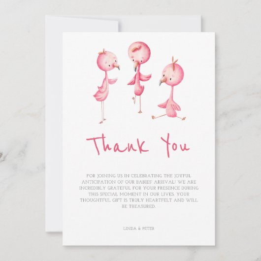 Schattigee roze flamingo's drieling Baby shower Bedankkaart (Voorkant)