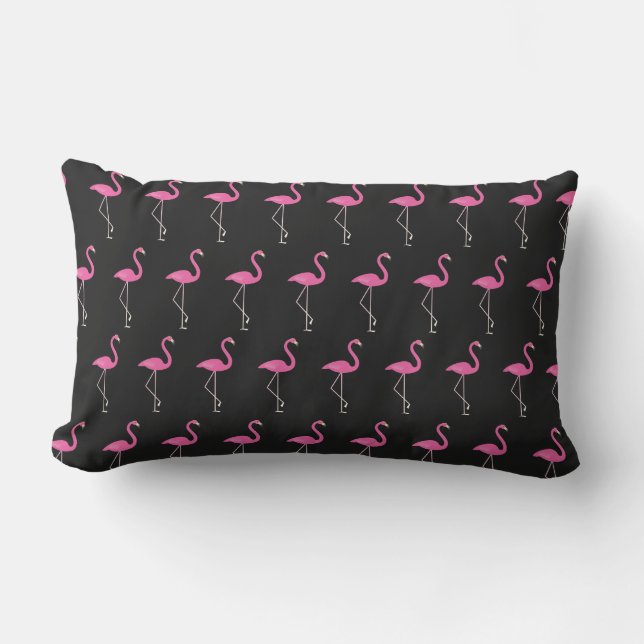 Schattigee Roze Flamingo's op Zwart - Outdoor Buitenkussen (Voorkant)