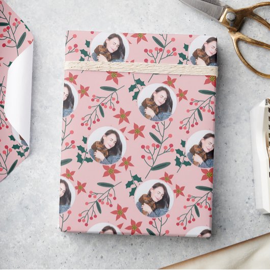 Schattigee Roze Foto Kerst Cadeaupapier