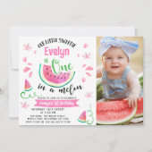 Schattigee roze foto One in a Melon 1st Birthday Kaart (Voorkant)