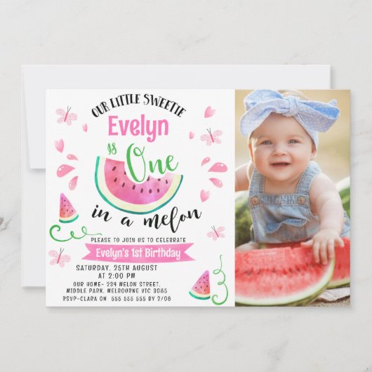 Schattigee roze foto One in a Melon 1st Birthday Kaart (Voorkant)