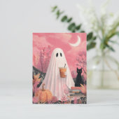 Schattigee roze geest en zwarte kat briefkaart (Staand voorkant)